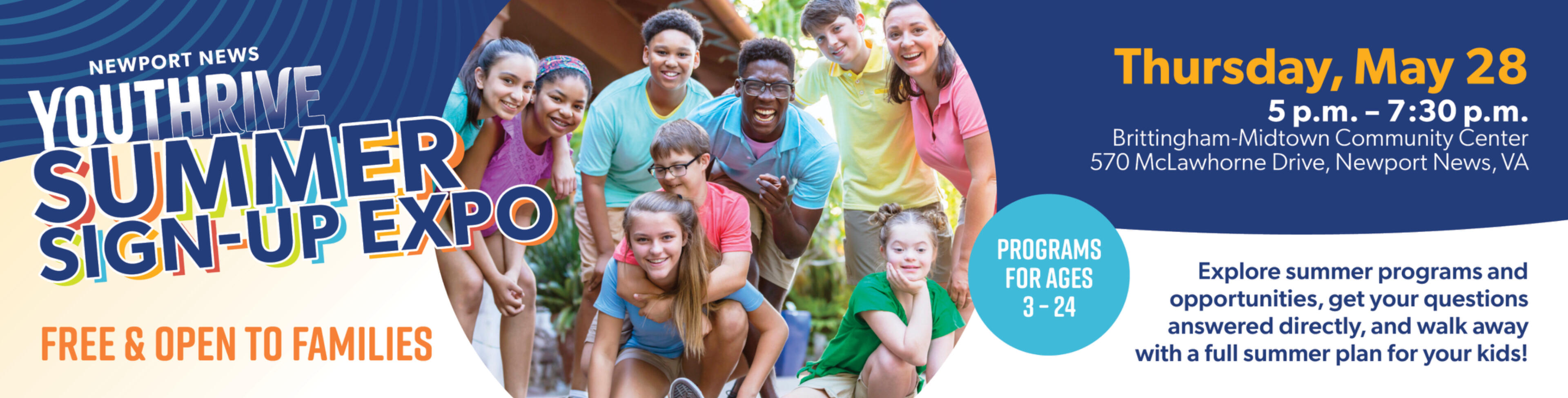 Banner for the FREE "Youth THRIVE Summer Sign-Up Expo" on Thursday, May 28 at Brittingham-Midtown Community Center starting at 5 p.m.