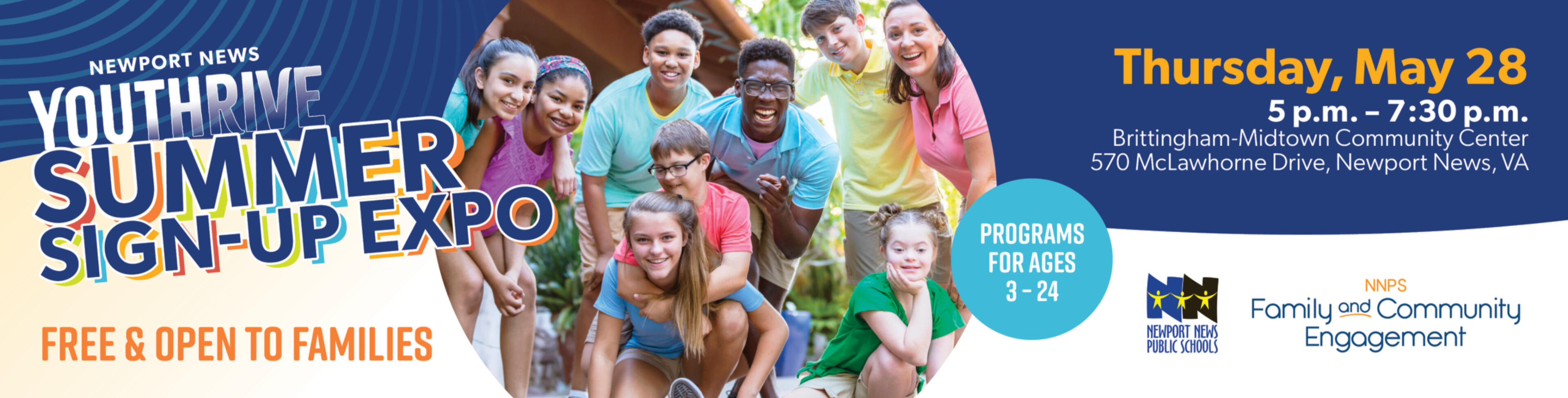 Banner for the FREE "Youth THRIVE Summer Sign-Up Expo" on Thursday, May 28 at Brittingham-Midtown Community Center starting at 5 p.m.